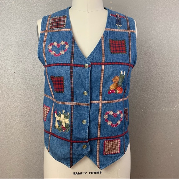 vintage Bobbie Brooks ugly Fall patchwork embroidered chambray button front vest - Picture 1 of 13